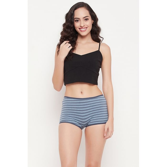 

Clovia Mid Waist Striped Boyshorts in Powder Blue - Cotton - PN2260A03, Light blue