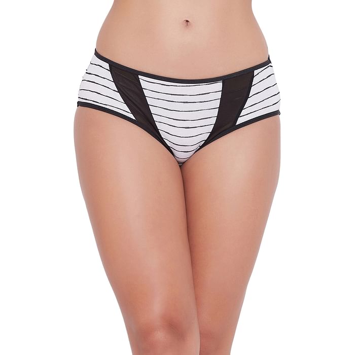 

Clovia Mid Waist Striped Hipster Panty with Mesh Inserts in White - Cotton - PN2670V18