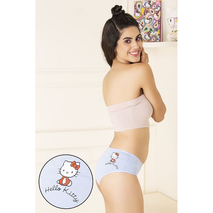 

Clovia Mid Waist Hello Kitty Text & Graphic Print Hipster Panty in Powder Blue - Cotton - PN3110A03, Light blue