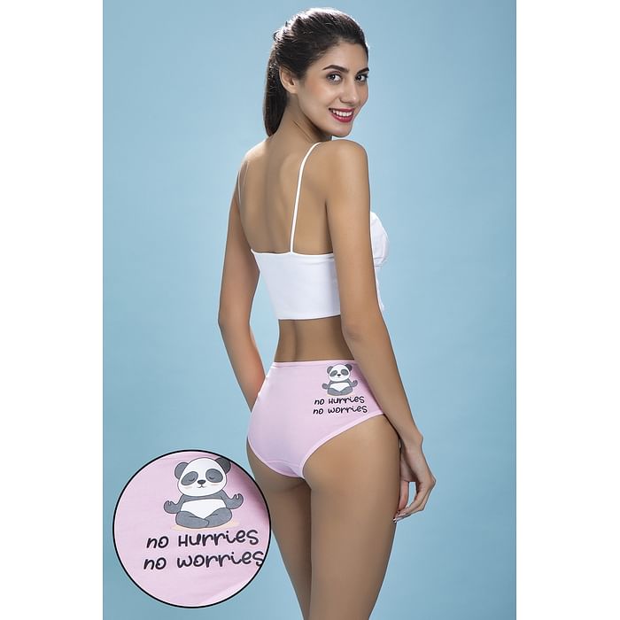 

Clovia Mid Waist Text & Panda Print Hipster Panty in Baby Pink - Cotton - PN3310B22, Light pink