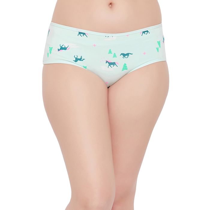 

Clovia Mid Waist Unicorn Print Hipster Panty in Baby Blue - Cotton - PB0023A03, Light blue