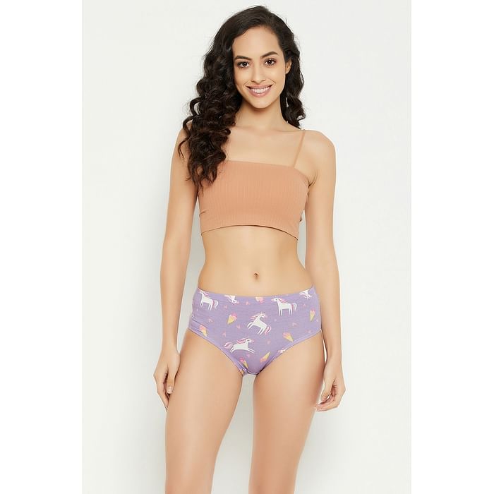

Clovia Mid Waist Unicorn Print Hipster Panty in Lilac with Inner Elastic - Cotton - PN2855B15, Purple