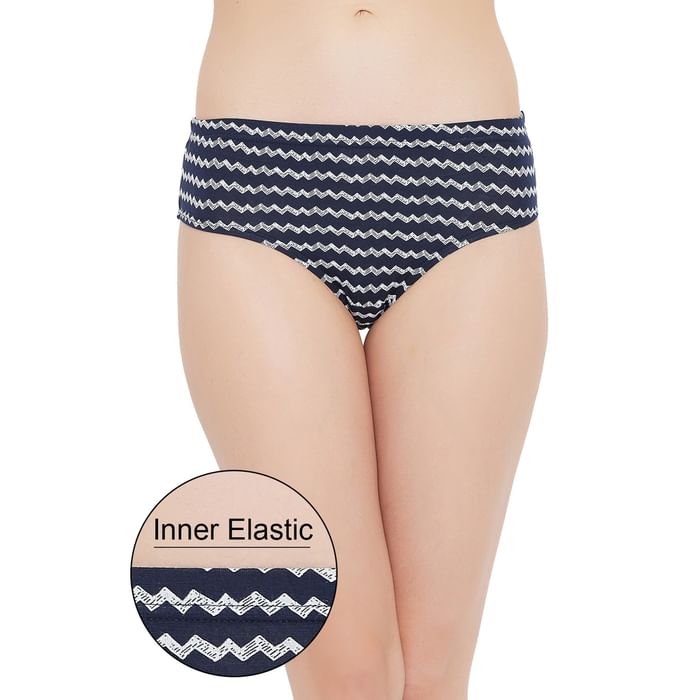 

Clovia Mid Waist Chevron Print Hipster Panty in Navy with Inner Elastic - Cotton - PN2855N08