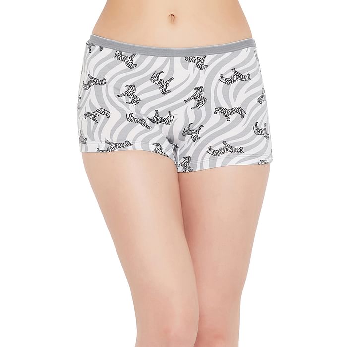 

Clovia Mid Waist Zebra Print Boyshorts in Steel Grey - Cotton - PN3522A01, Light grey