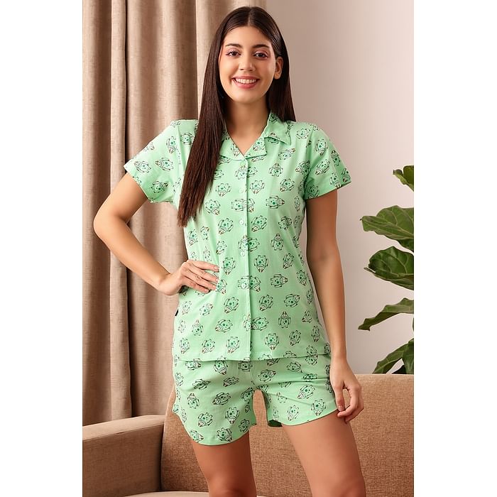 

Clovia Monster Emoji Print Button Down Shirt & Shorts Set in Mint Green - 100% Cotton - LS0094F11, Light green