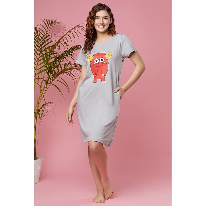 

Clovia Monster Emoji Print Short Nightdress in Grey - 100% Cotton - NS1209J01, Light grey