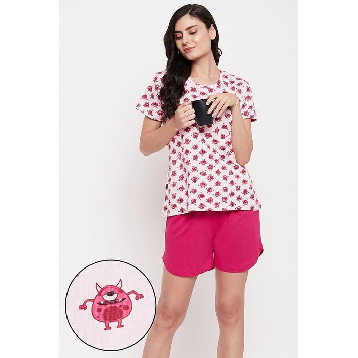 

Clovia Monster Emoji Print Top & Chic Basic Shorts Set in Pink - 100% Cotton - LS0410S22, Light pink