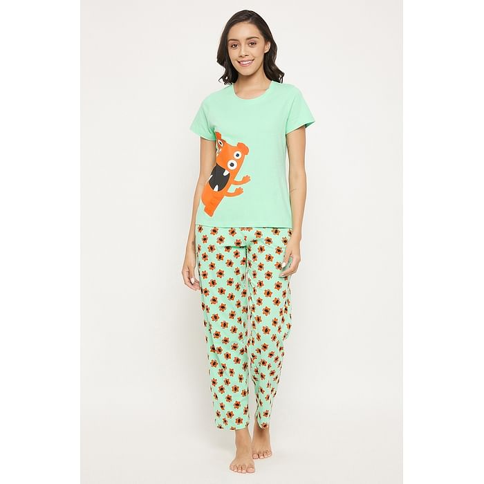 

Clovia Monster Emoji Print Top & Pyjama Set in Mint Green - 100% Cotton - LS0413Q11, Light green