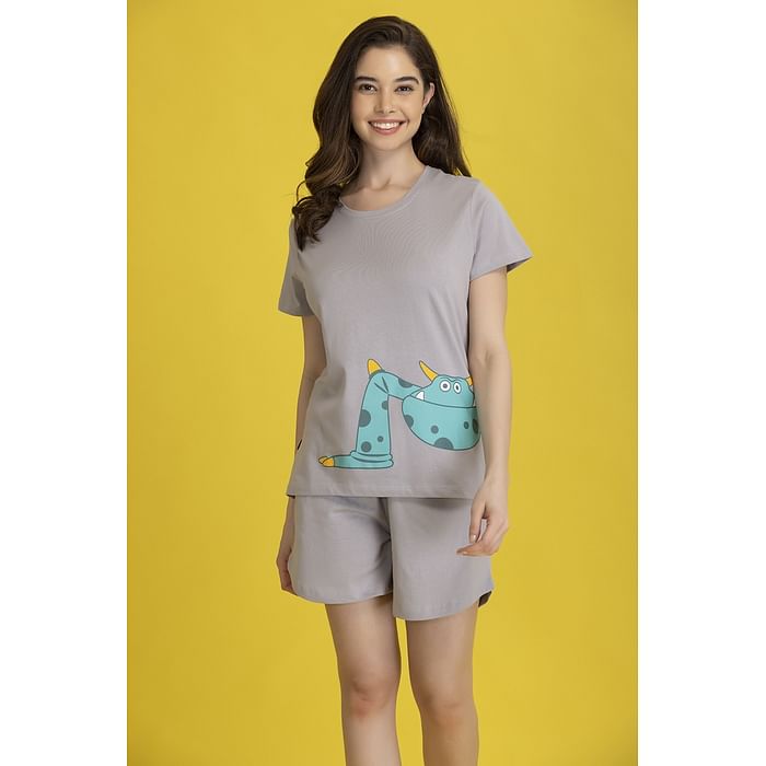 

Clovia Monster Emoji Print Top & Shorts Set in Grey - 100% Cotton - LS0410Q01, Light grey