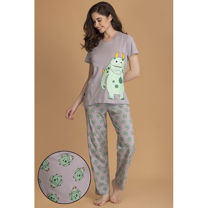 

Clovia Monster Emoji Top & Pyjama Set in Grey - 100% Cotton - LS0413H01, Light grey