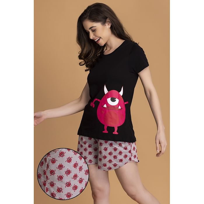 

Clovia Monster Emoji Top & Short Set in Black & Grey - 100% Cotton - LS0410S13