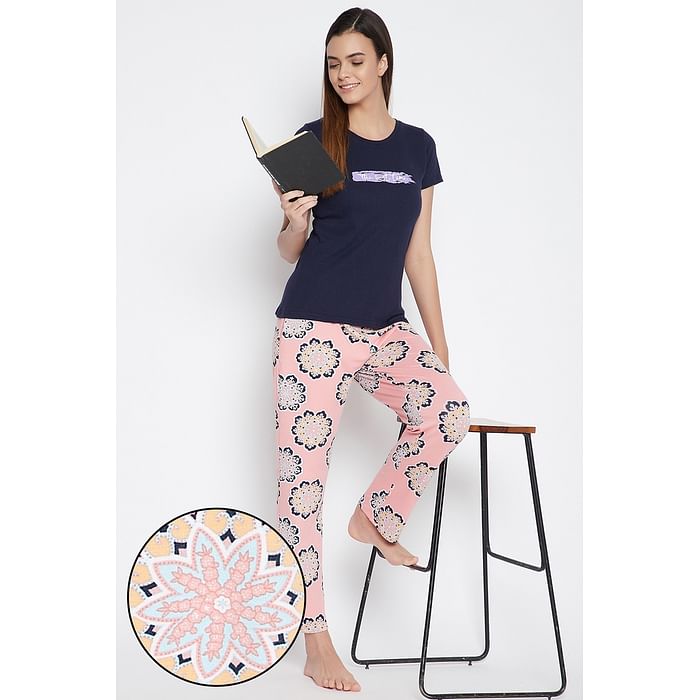 

Clovia Navy Text Print Sleep T-shirt & Baby Pink Floral Print Pyjama - Cotton - LSC132A08
