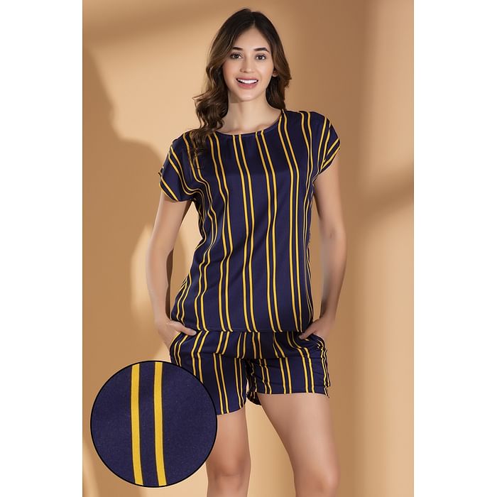 

Clovia Navy & Yellow Striped Top & Shorts Set - Crepe - LS0533E08