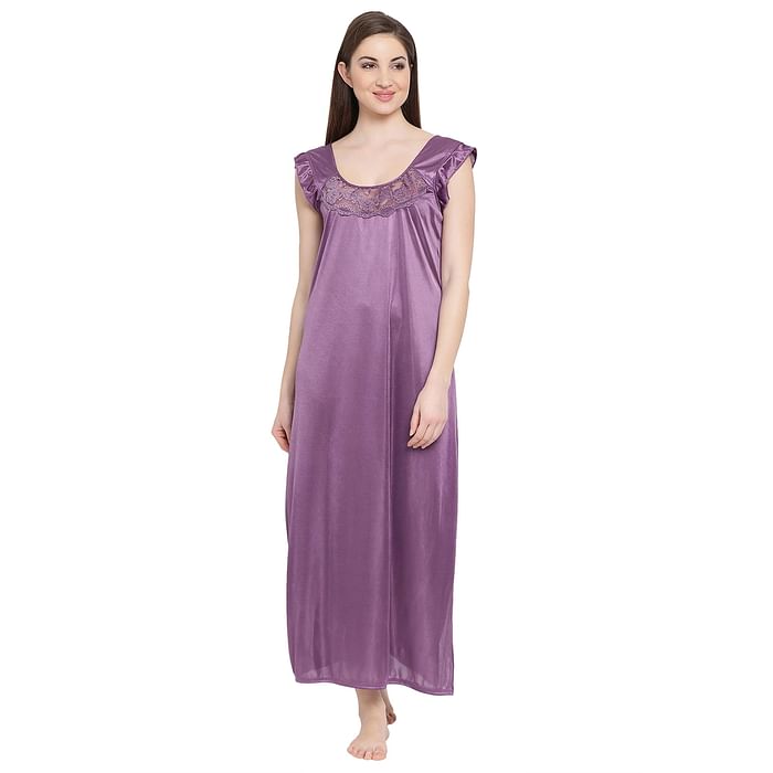 

Clovia Night Dress with Lace Neckline In Purple - Satin - NSM282P12, Lavender