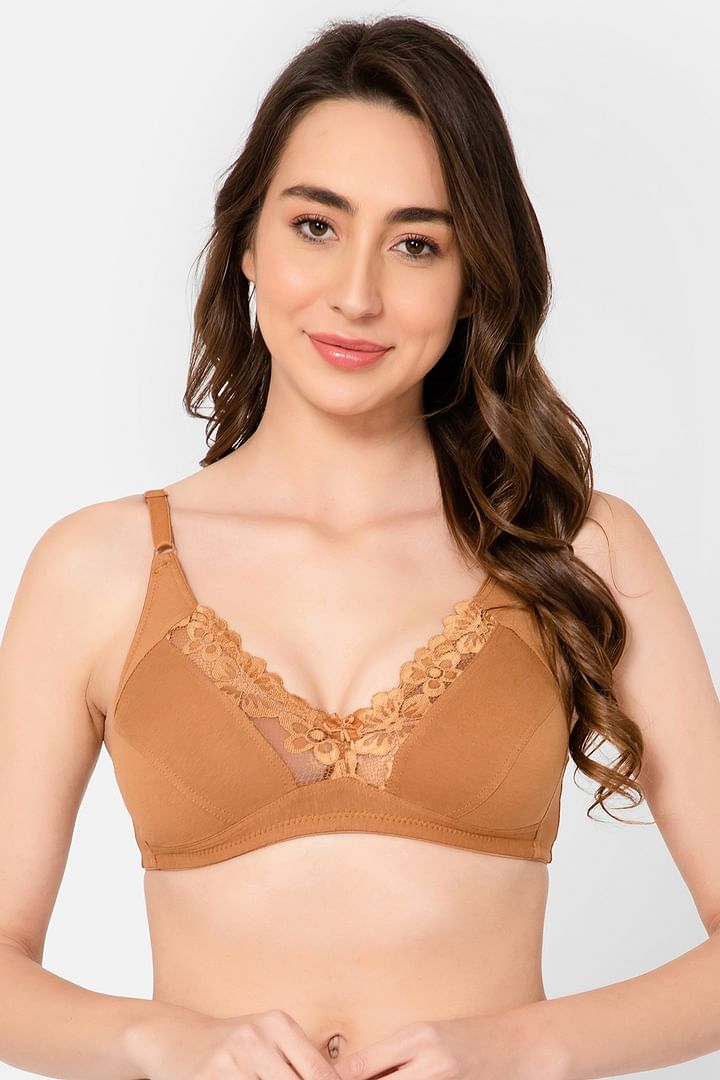 Buy Non-Padded Non-Wired Full Coverage Bra in Beige - Cotton