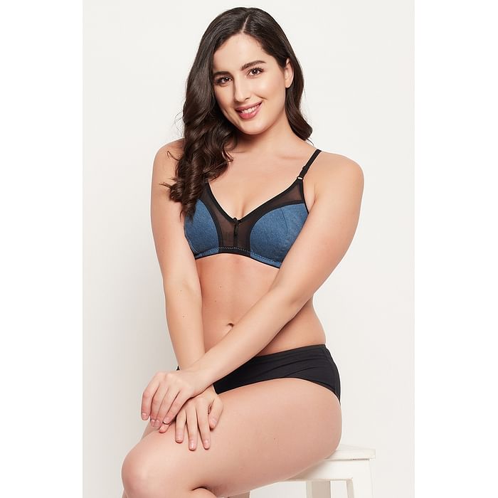 

Clovia Non-Padded Non-Wired Full Coverage Bra in Dark Blue - Cotton & Powernet - BR1652V08, Navy