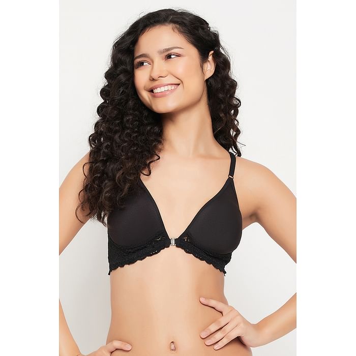 

Clovia Flair Non-Padded Non-Wired Demi Cup Front Open Plunge Spacer Bra in Black - Cotton Rich - BR2437A13