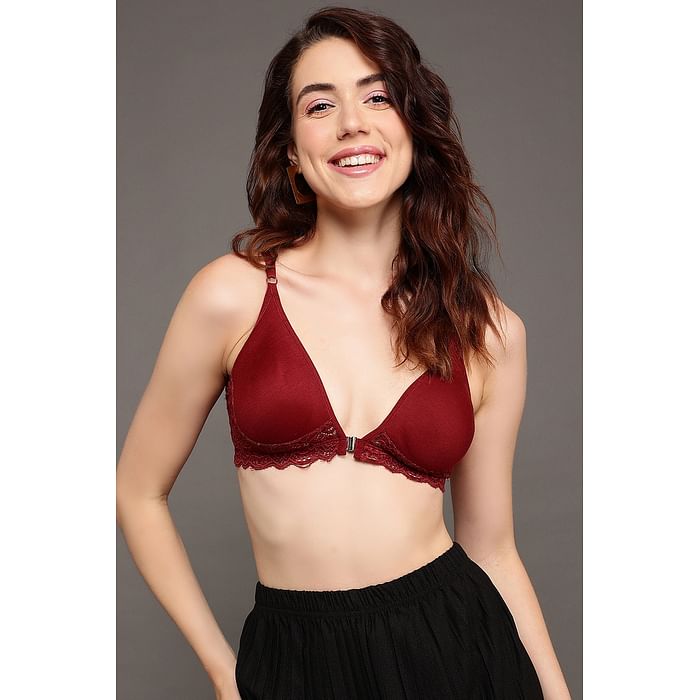 

Clovia Flair Non-Padded Non-Wired Demi Coverage Spacer Cup Front Open Plunge Bra in Maroon - Cotton Rich - BR2437A09