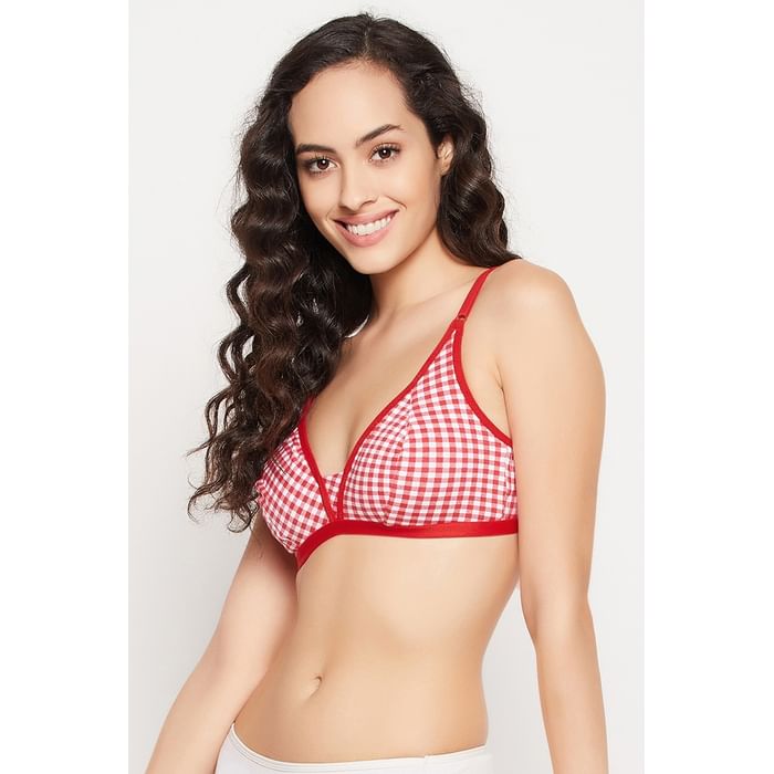 

Clovia Non-Padded Non-Wired Demi Cup Checkered Plunge Bra in Crimson - Cotton - BR0856A04, Red