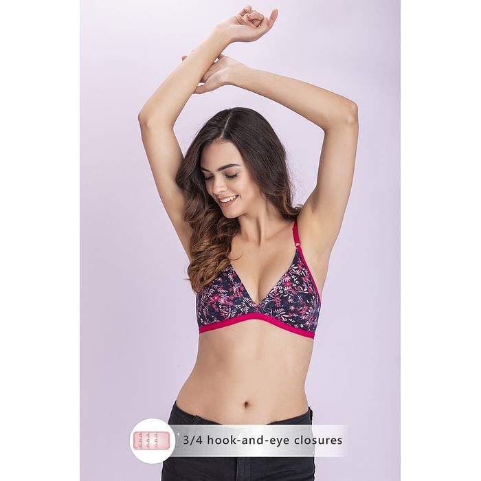 

Clovia Non-Padded Non-Wired Demi Cup Floral Print Plunge Bra in Navy - Cotton Rich - BR1595A19, Multicolour