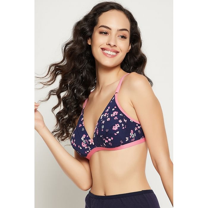 

Clovia Non-Padded Non-Wired Demi Cup Floral Print Plunge Bra in Navy - Cotton Rich - BR1595W08