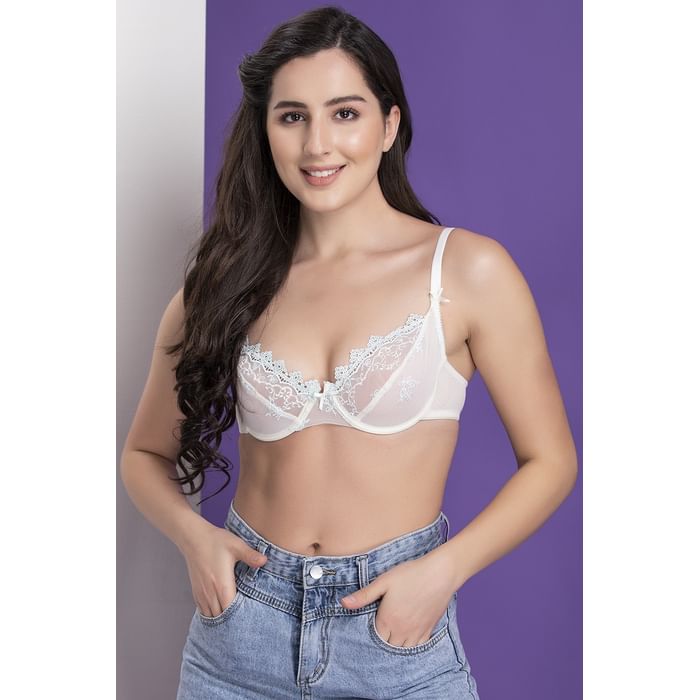 

Clovia Non-Padded Underwired Demi Cup Plunge Bra in Light Blue - Lace - BR2194P18, White