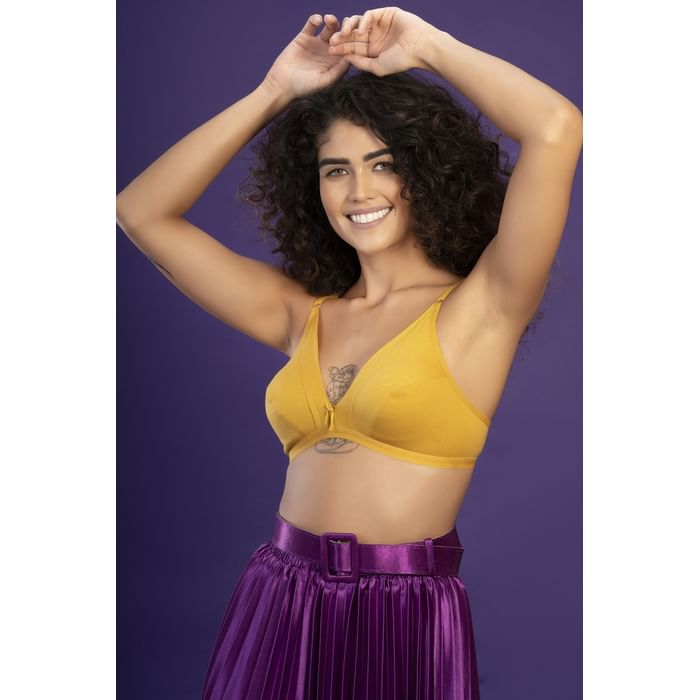 

Clovia Non-Padded Non-Wired Demi Cup Plunge Bra in Mustard Colour - Cotton Rich - BR1595V02, Light yellow