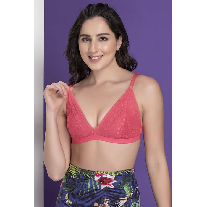 

Clovia Non-Padded Non-Wired Demi Cup Plunge Bra in Salmon Pink - Lace - BR1163P14