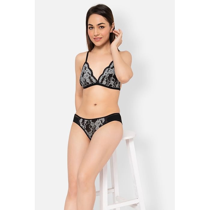

Clovia Non-Padded Non-Wired Demi Cup Plunge Bra & Low Waist Bikini Panty in Black - Lace - BP1477P13