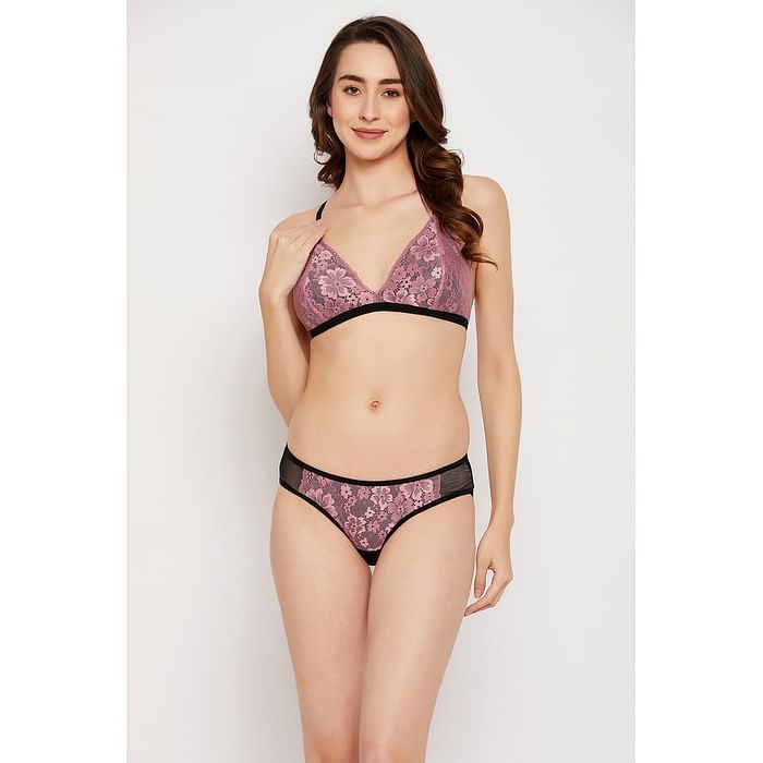 

Clovia Non-Padded Non-Wired Demi Cup Plunge Bra & Low Waist Bikini Panty in Lilac - Lace - BP1477P12, Lavender