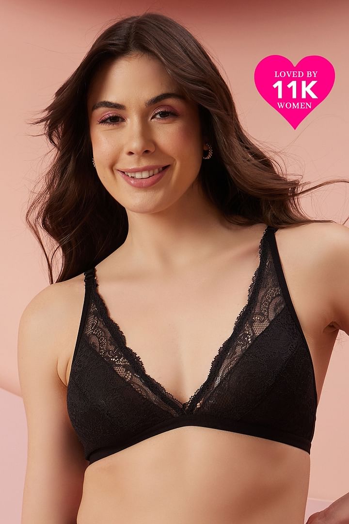 Buy Non-Padded Non-Wired Demi Cup Plunge Bra in Black - Lace