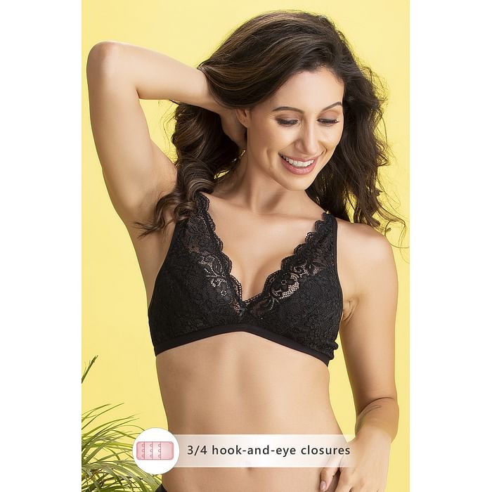 

Clovia Non-Padded Non-Wired Demi Cup Plunge Bra in Black - Lace - BR2154P13