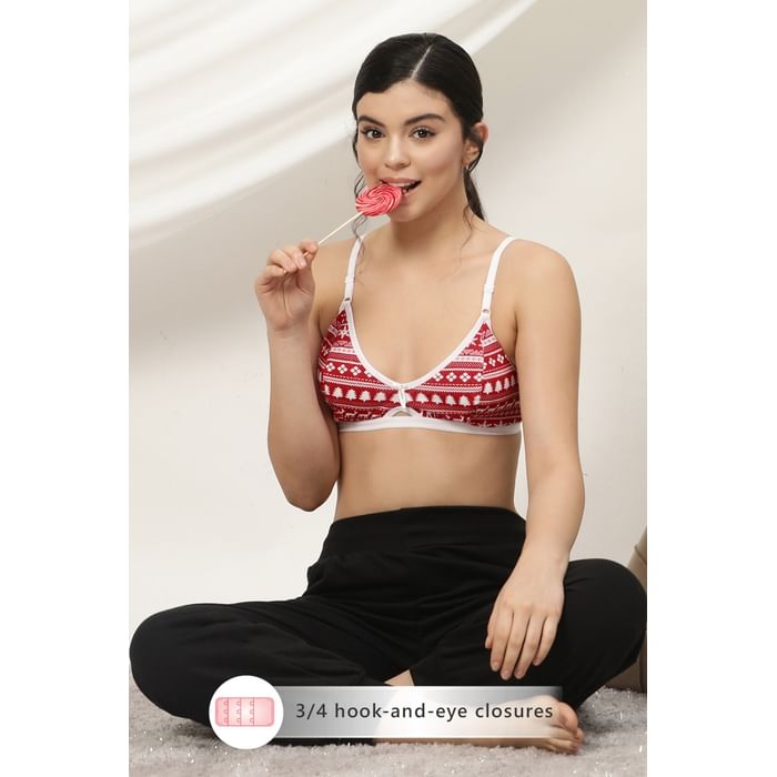 

Clovia Non-Padded Non-Wired Demi Cup Printed Bra in Red- Cotton Rich - BR1675P04