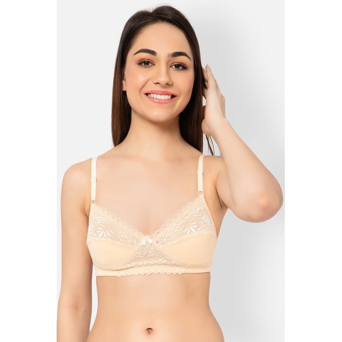 

Clovia Non-Padded Non-Wired Full Cup Bra in Cream Colour - Lace - BR4006P24, Nude-colour