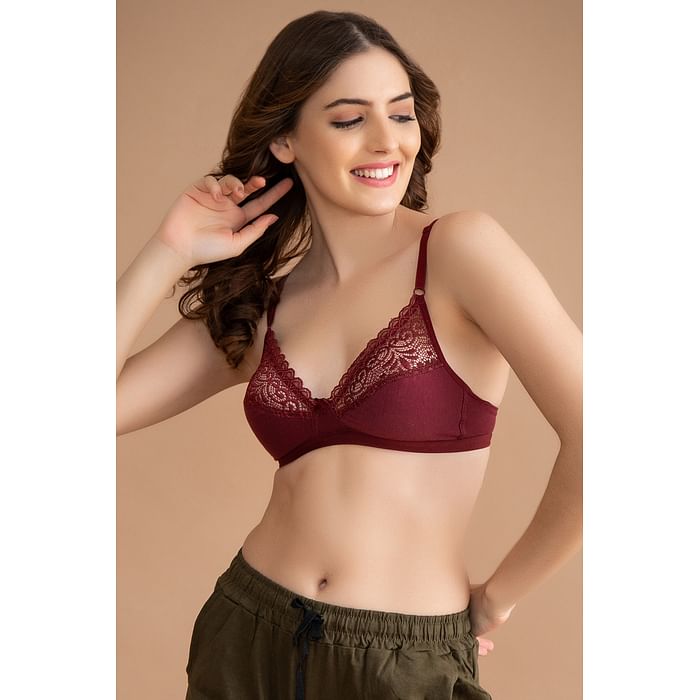 

Clovia Non-Padded Non-Wired Full Cup Bra in Maroon - Cotton & Lace - BR1548P09