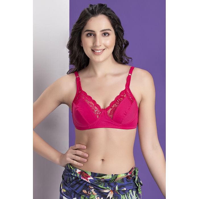 

Clovia Non-Padded Non-Wired Full Cup Bra in Hot Pink - Cotton & Lace - BR2341Q14