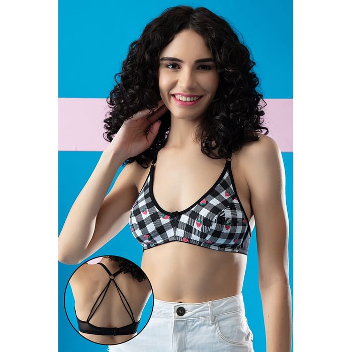 

Clovia Non-Padded Non-Wired Full Cup Checkered Racerback Bra in Black - 100% Cotton - BR1478A13