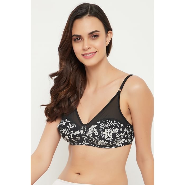 

Clovia Non-Padded Non-Wired Full Cup Floral Print Bra in Black - 100% Cotton - BR1333X13