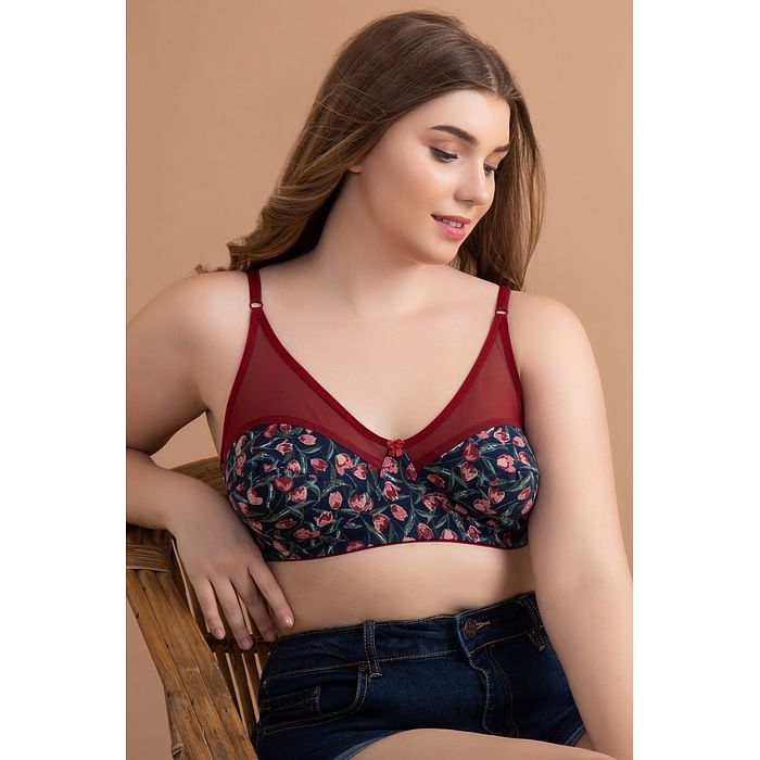 

Clovia Non-Padded Non-Wired Full Cup Floral Print Bra in Navy - 100% Cotton - BR1333C08