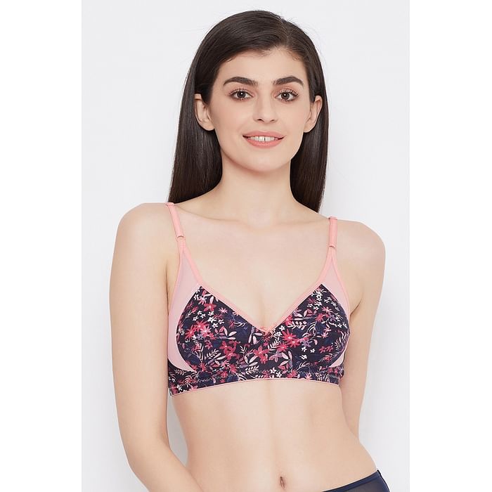 

Clovia Non-Padded Non-Wired Full Cup Floral Print Bra in Navy- Cotton - BR1780P08