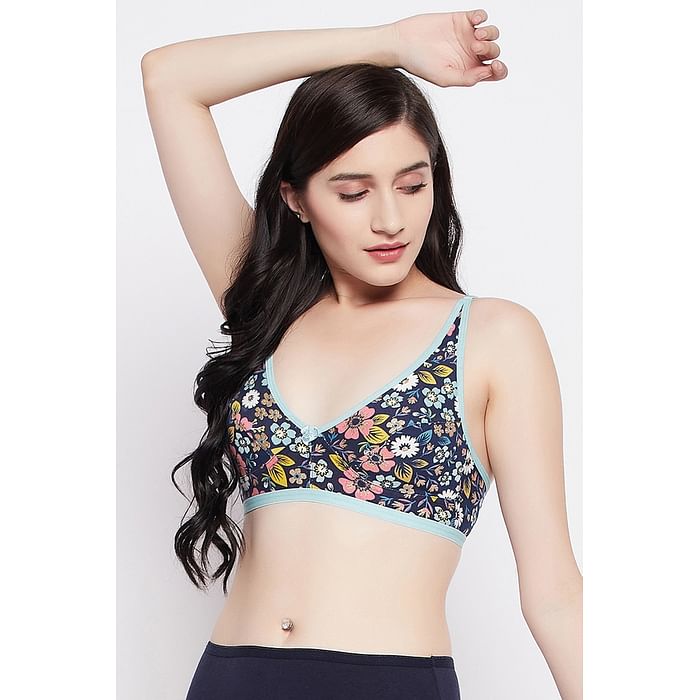 

Clovia Non-Padded Non-Wired Full Cup Floral Print Bra in Navy - Cotton - BR1678C08