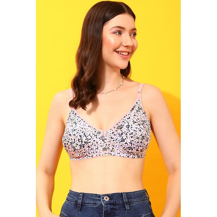 

Clovia Non-Padded Non-Wired Full Cup Floral Print Bra in Navy - Cotton - BR0227A34, Peach