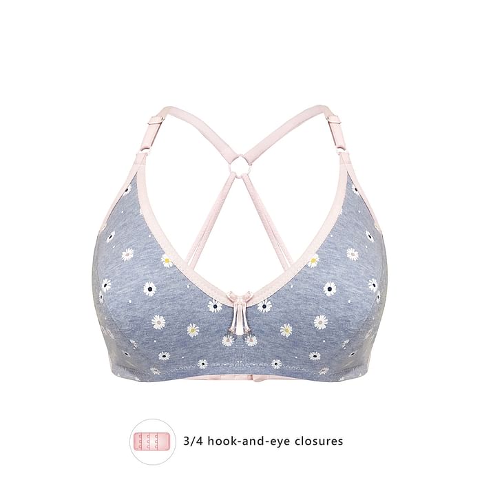 

Clovia Non-Padded Non-Wired Full Cup Floral Print Racerback Bra in Grey Melange - BR1478V03, Light blue