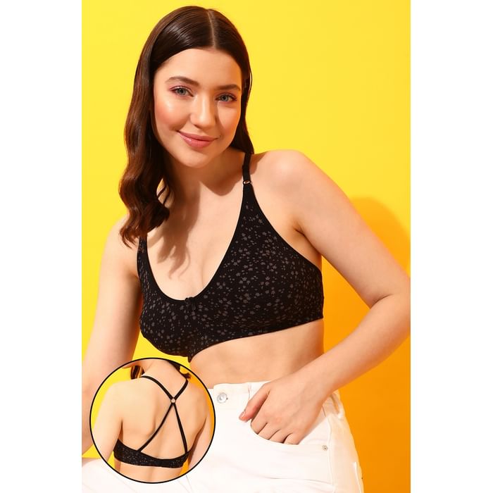 

Clovia Non-Padded Non-Wired Full Cup Floral Print Racerback Bra in Black - Cotton - BR1627W13
