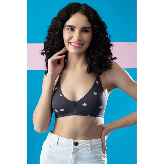 

Clovia Non-Padded Non-Wired Full Cup Floral Print Racerback Bra in Dark Grey - Cotton - BR1478B05
