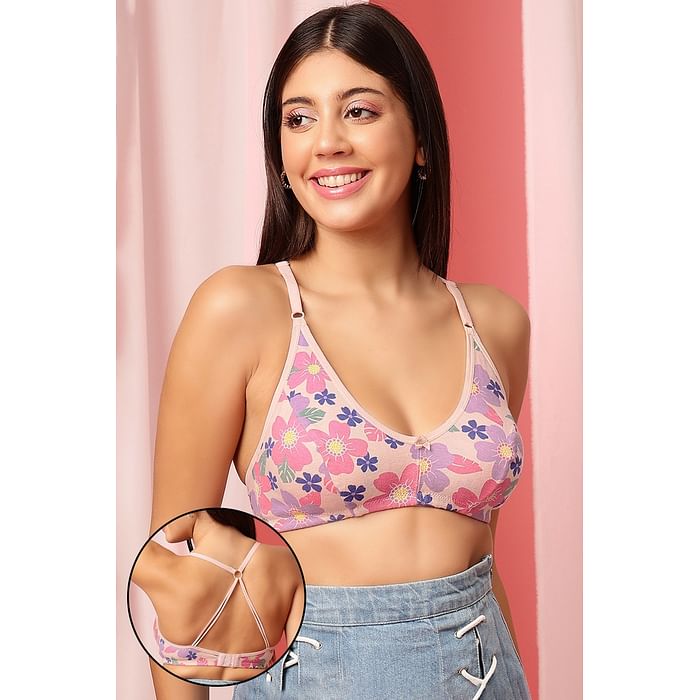 

Clovia Non-Padded Non-Wired Full Cup Floral Print Racerback Bra in Pink - Cotton - BR1627A22, Light pink