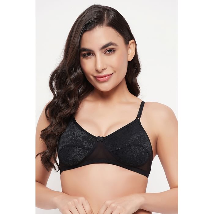 

Clovia Non-Padded Non-Wired Full Cup Floral Self-Patterned Bra in Black - Lace - BR4009A13