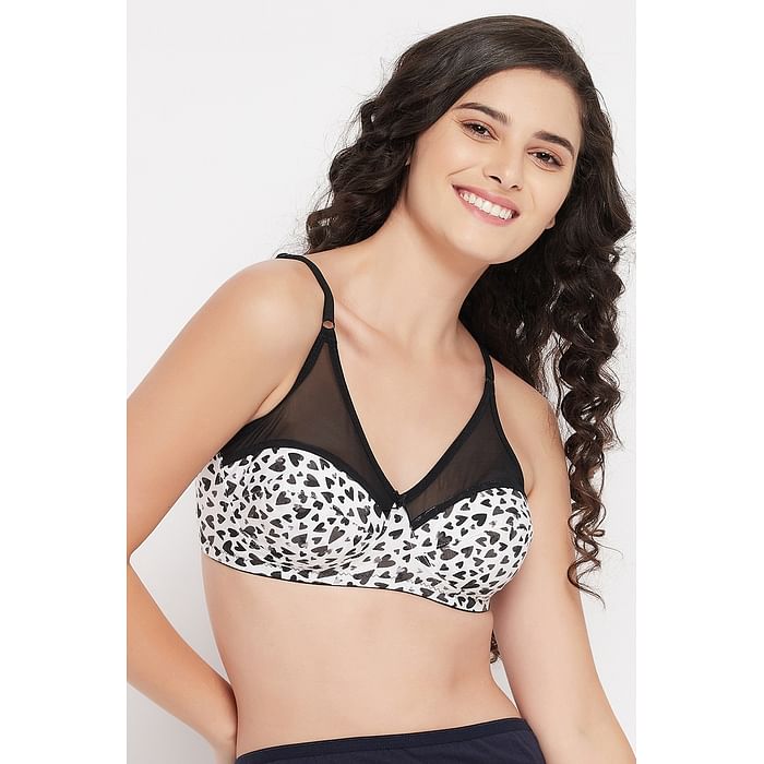 

Clovia Non-Padded Non-Wired Full Cup Heart Print Bra in White - 100% Cotton - BR1333C13, Black