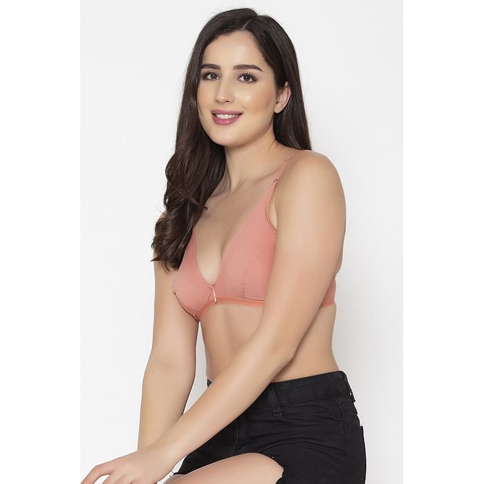 

Clovia Non-Padded Non-Wired Demi Cup Plunge Bra in Salmon Pink - Cotton Rich - BR1595Q22, Light pink