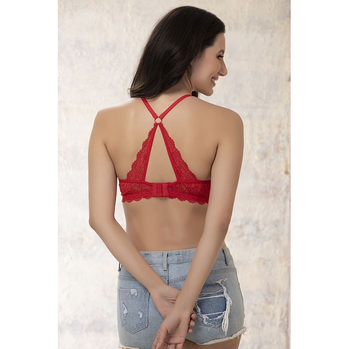 

Clovia Non-Padded Non-Wired Full Cup Racerback Bralette in Red - Lace - BR2120P04